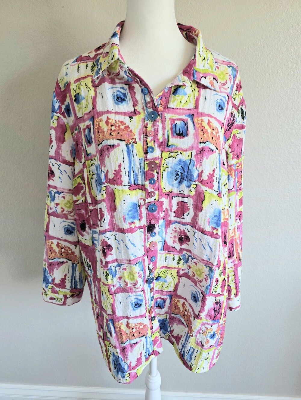 Vintage Ali Miles Button Front Shirt Artsy Abstract Buttons Crinkle XL Colorful